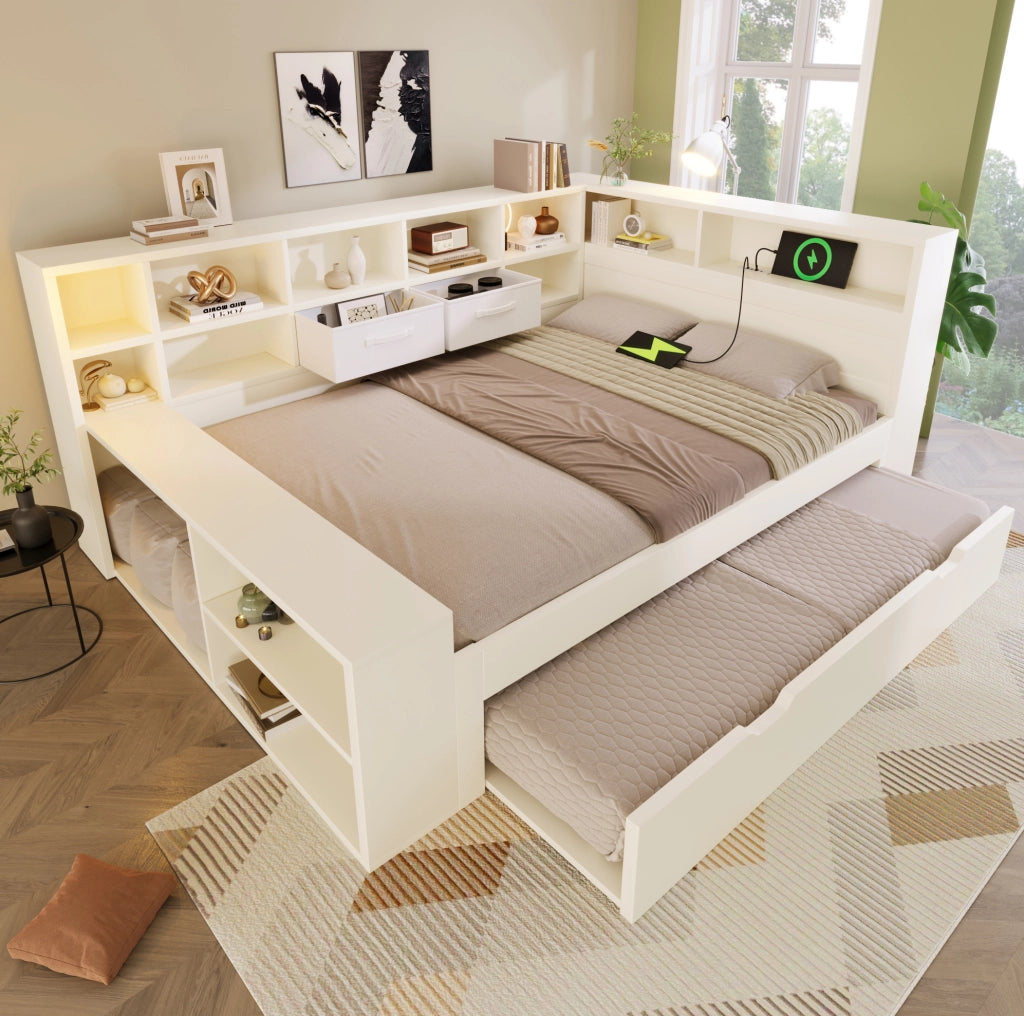Letto 140x200 cm con letto estraibile; vani portaoggetti e porte USB/Type-C; bianco