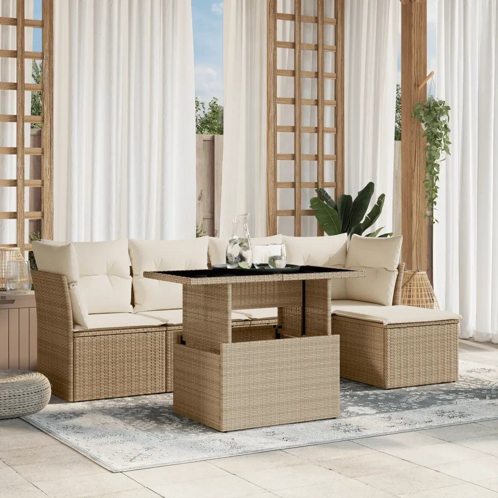 Set Divano da Giardino 6 pz con Cuscini Beige in Polyrattan
