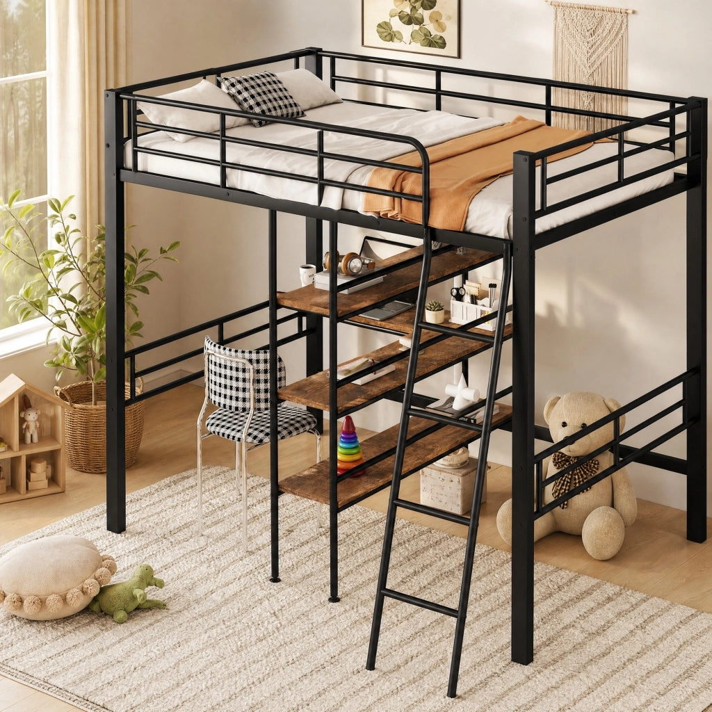 Letto a soppalco 90x200 cm con scrivania, ripiani e scala in metallo