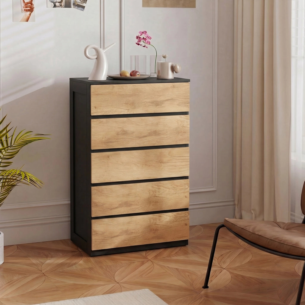 Cassettiera 5 Cassetti 60x39x100 cm con Guide in Metallo e Maniglie Scanalate in Legno Nero e Rovere