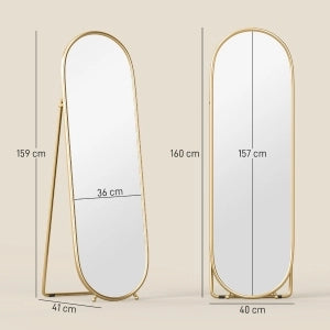 Specchio da terra ovale 160x40 cm con supporto richiudibile e telaio in metallo oro