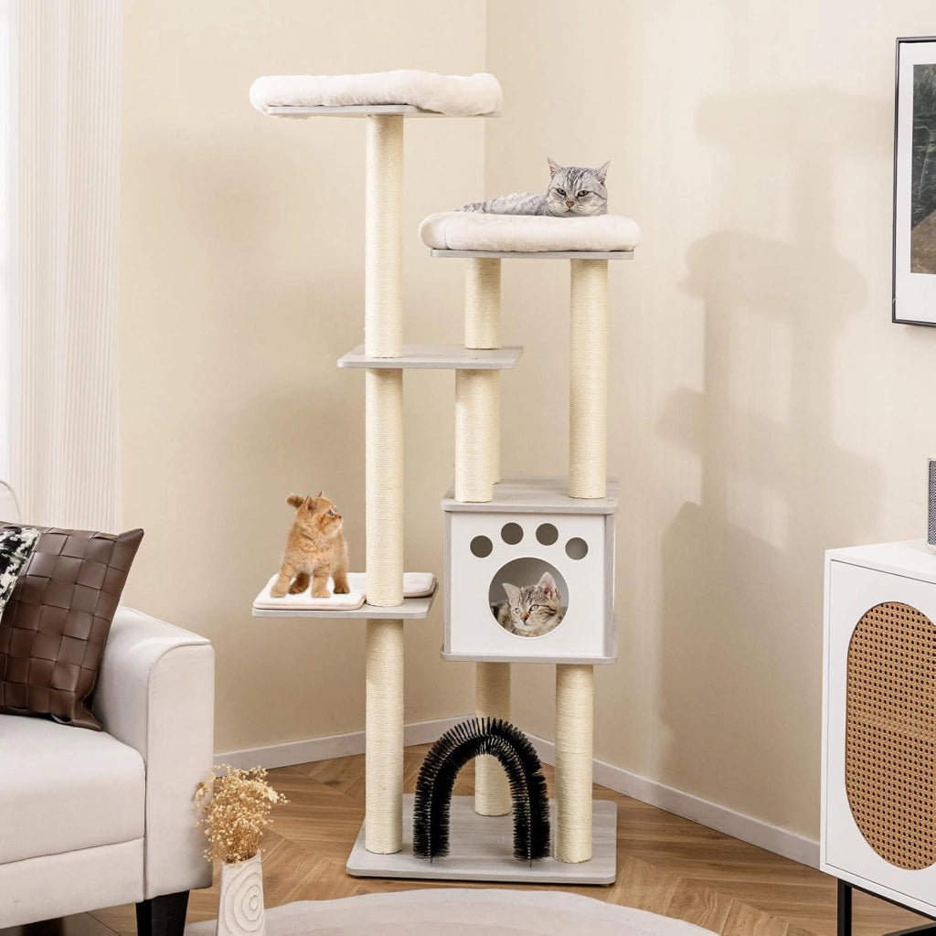 Albero Tiragraffi per Gatti 176 cm, Tiragraffi per Gatti con 2 Trespoli in Tessuto Felpato, Arco Massaggiante, Cuccia, Pali in Sisal e Tapettini Lavabili, Torre per Animali Domestici (Grigio)