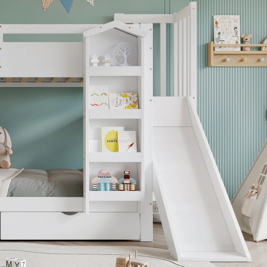 OKWISH Letto a Castello 90×200 cm, Letto Singolo con Scivolo, Scala Contenitore, Libreria e 2 Cassetti, senza Materasso, Bianco