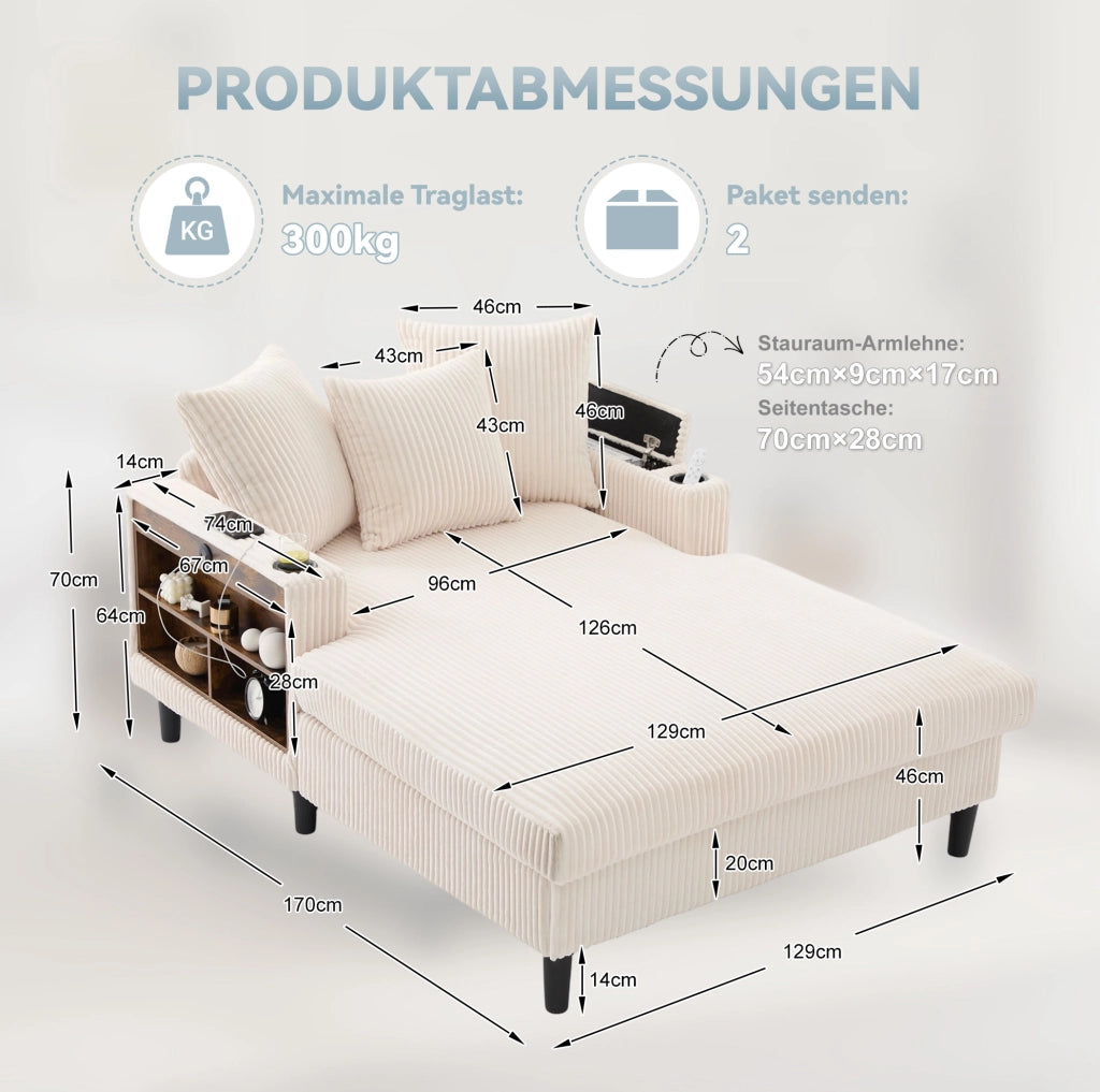 Chaise longue 170x129x70 cm in velluto a coste beige con LED， USB e vano
