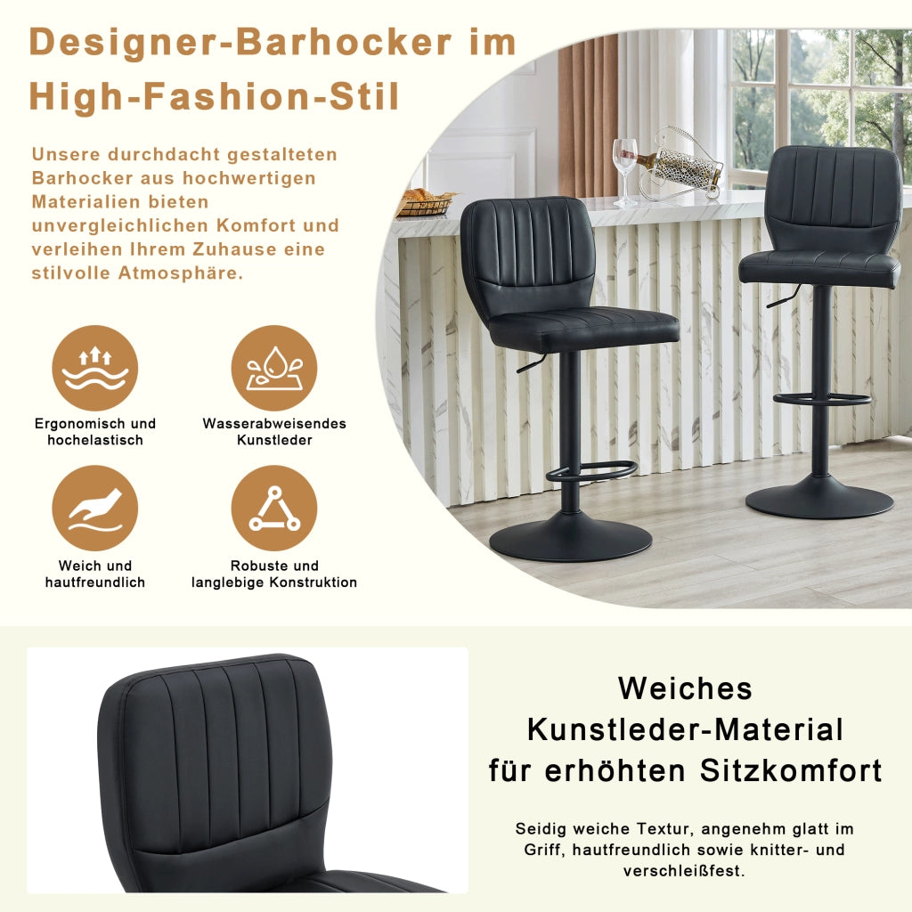Sgabello da Bar Girevole Regolabile in Altezza con Schienale Ergonomico e Poggiapiedi, in PU e Metallo Nero