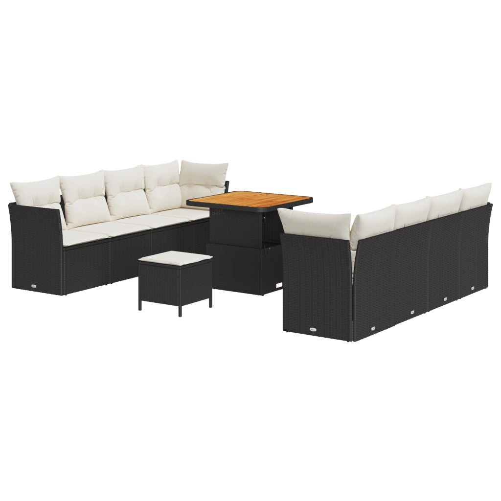Set Divano da Giardino 11 Pezzi con Cuscini Nero Polyrattan Acacia