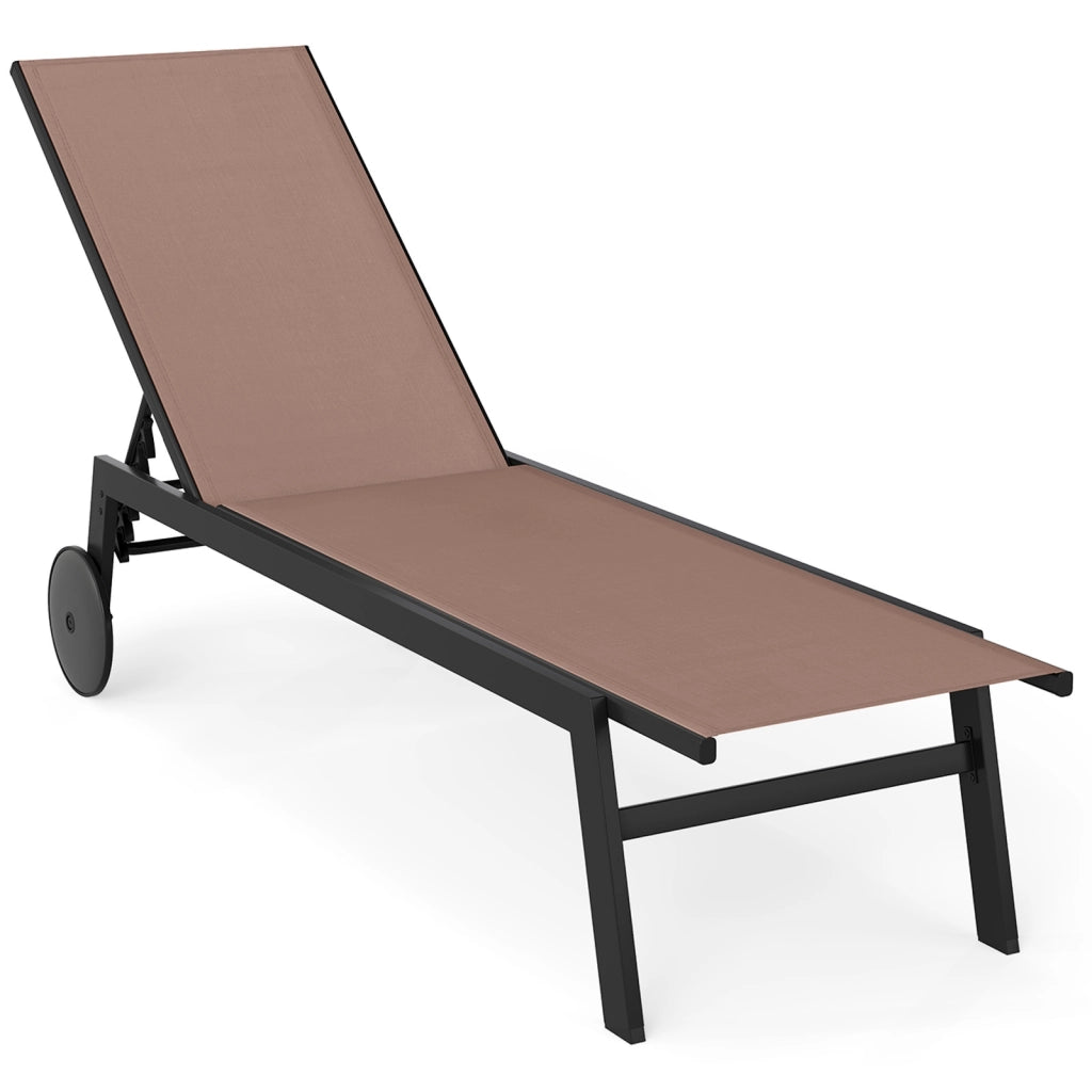 Sdraio patio ruote poltrona reclinabile 6 posizioni schienale regolabile-Sdraio tessuto traspirante prendisole piscina terrazza giardino Marrone