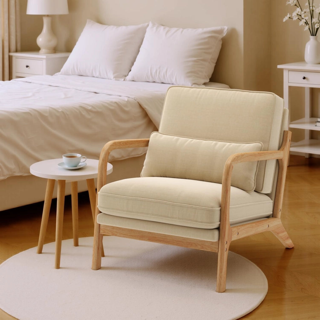 Poltrona da Salotto in Legno di Caucciù,Poltroncina Camera da Letto,con Cuscino Sfoderabile e Schienale con Braccioli con cuscino lombare,82 x 65 x 75CM, Beige