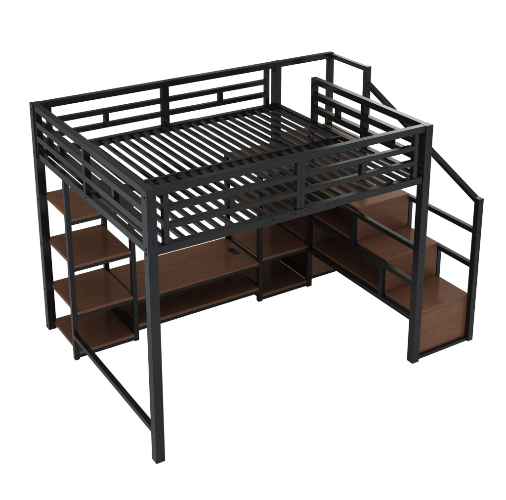 Letto a soppalco 140x200 cm con supporto TV e presa, nero HAVRYA
