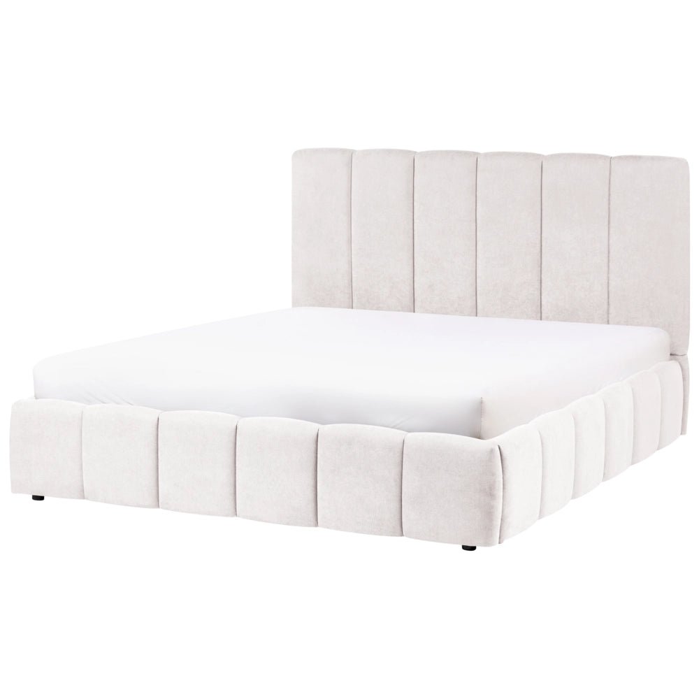 Letto matrimoniale contenitore con trapuntatura verticale in tessuto bianco sporco 160x200 cm struttura sollevabile e testiera alta
