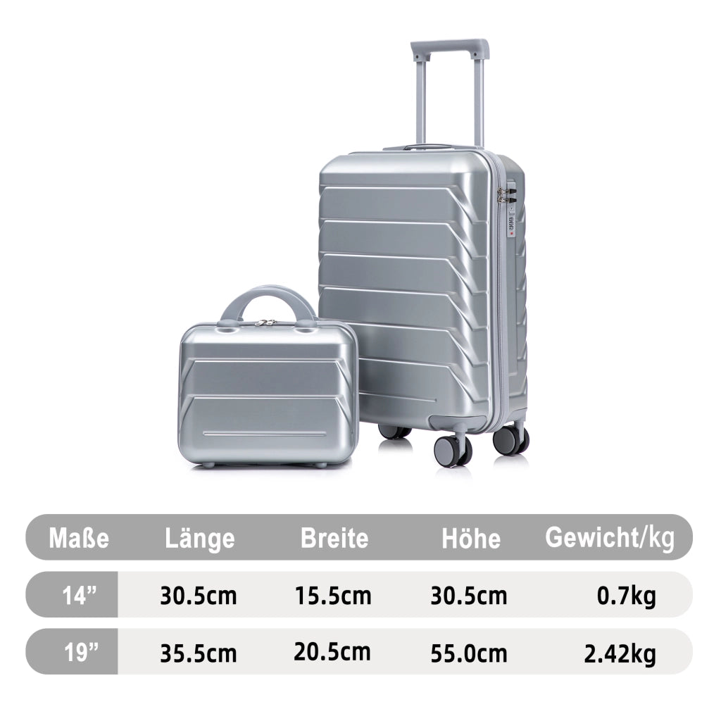Set di due valigie girevoli in ABS da 14"/19" con lucchetto a combinazione e trousse da 14" (argento)