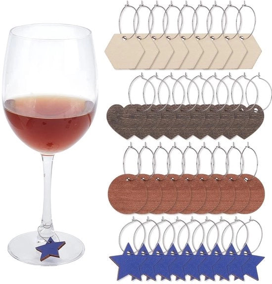 Set di decorazioni per vaso da vino 80 pezzi - Set di decorazioni in legno - Anelli in acciaio inossidabile - Multicolore - Ideale per matrimoni/feste - Dimensioni: 26-30 mm - Decorazioni per vaso da vino