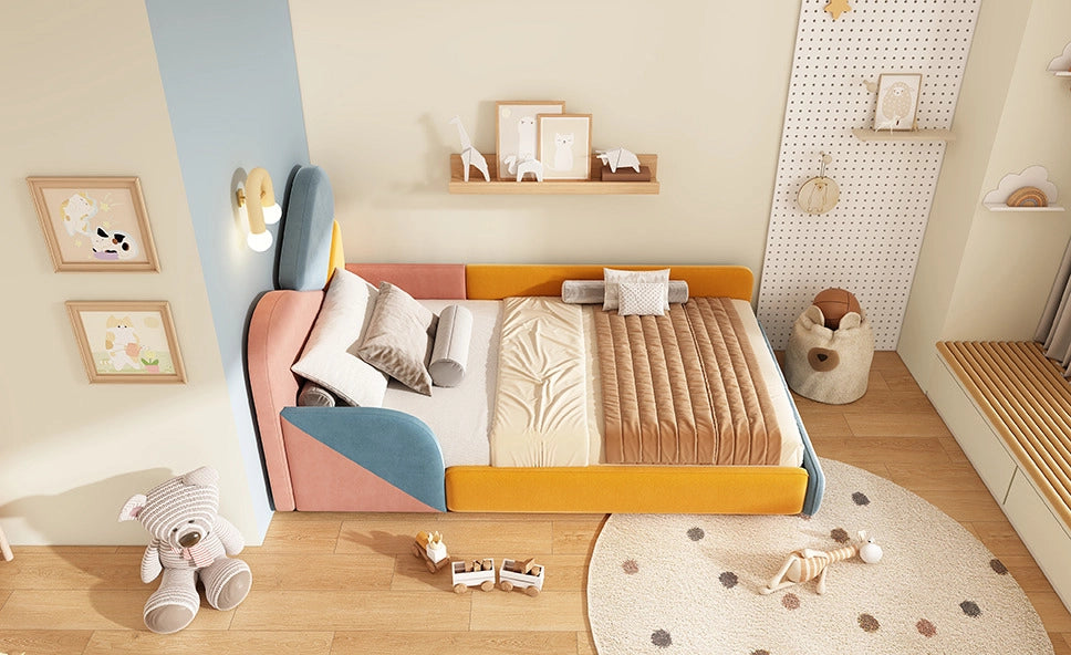 Letto imbottito per bambini 90x200 cm con protezioni laterali rialzate in velluto multicolore