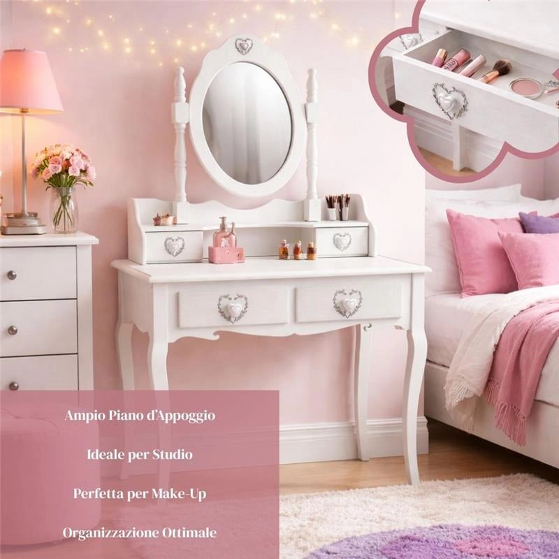 MA MAISON TOELETTA BIANCA IN LEGNO 75X40X70 CM CON SPECCHIO E 4 CASSETTI A CUORE, VANITY TABLE SHABBY CHIC PER CAMERETTA