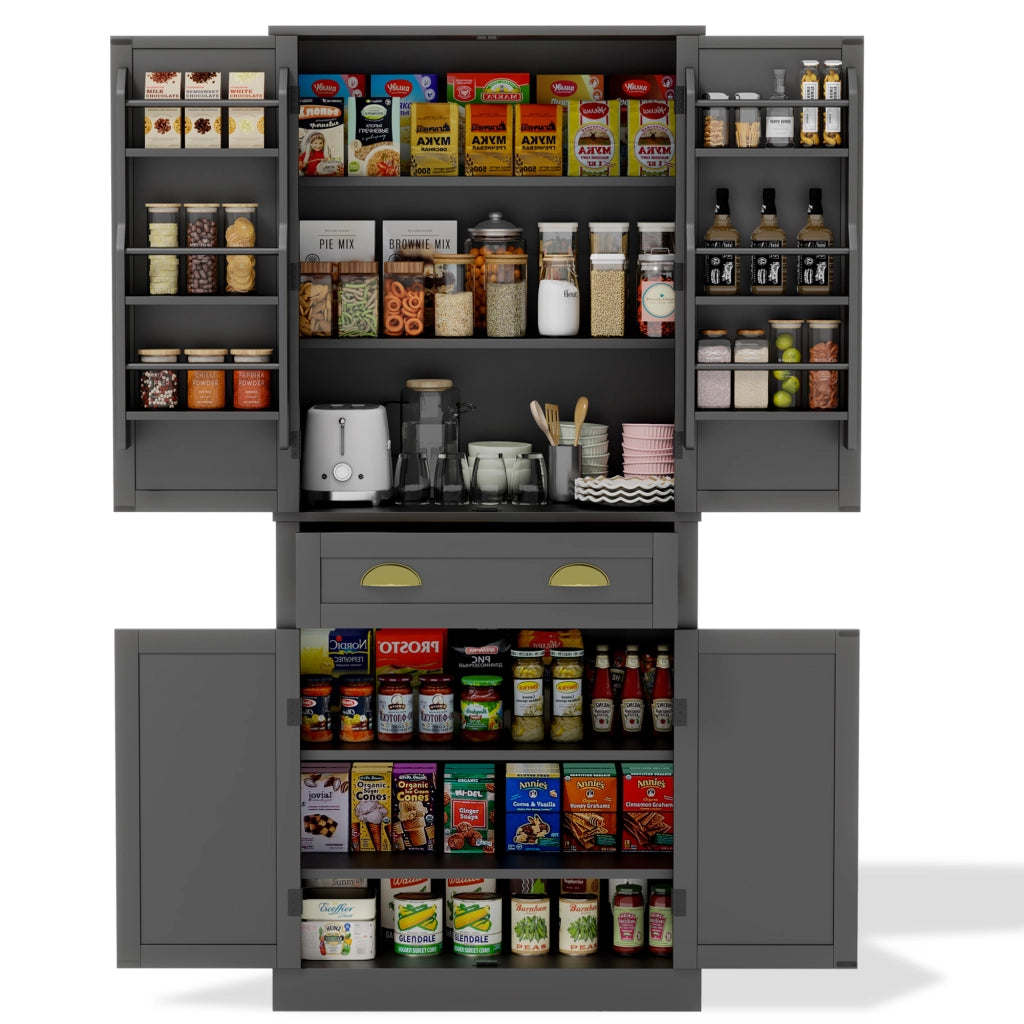 Mobile Dispensa 80x40x182 cm Nero con 4 Ante; 1 Cassetto; 4 Ripiani Regolabili e Portaoggetti