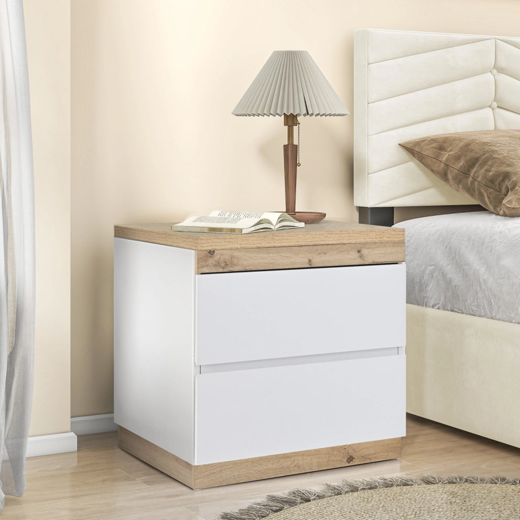 Comodino classico con 2 cassetti, finitura bianco e rovere, in truciolare E1, per camera da letto