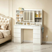 Tavolo da trucco moderno bianco con specchio scorrevole, 9 cassetti e prese integrate