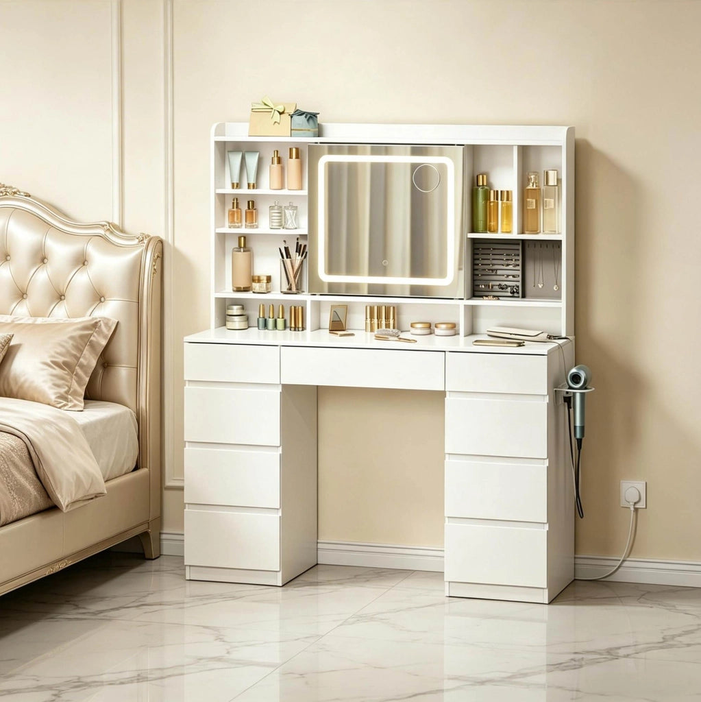 Tavolo da trucco moderno bianco con specchio scorrevole, 9 cassetti e prese integrate