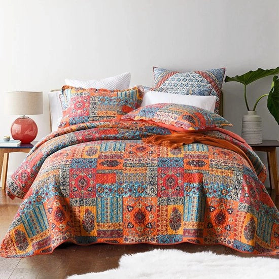 Bedsprei shabby chic 220 x 240 cm patchwork di cotone, deken per letto matrimoniale con cuscino in stile rustico
