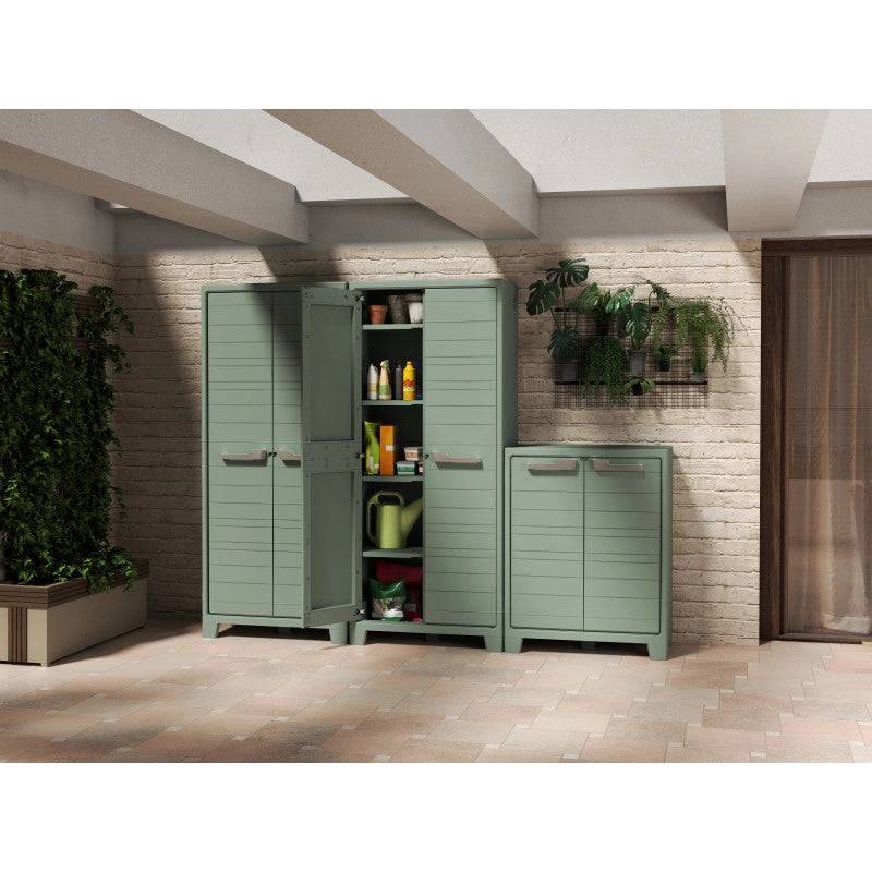 Armadio portascope da esterno in resina 80x44x182 cm - Impermeabile IPX3 Resistente UV - 8 ripiani - Grigio/Verde riciclato - Planet Outdoor Multispace - Keter