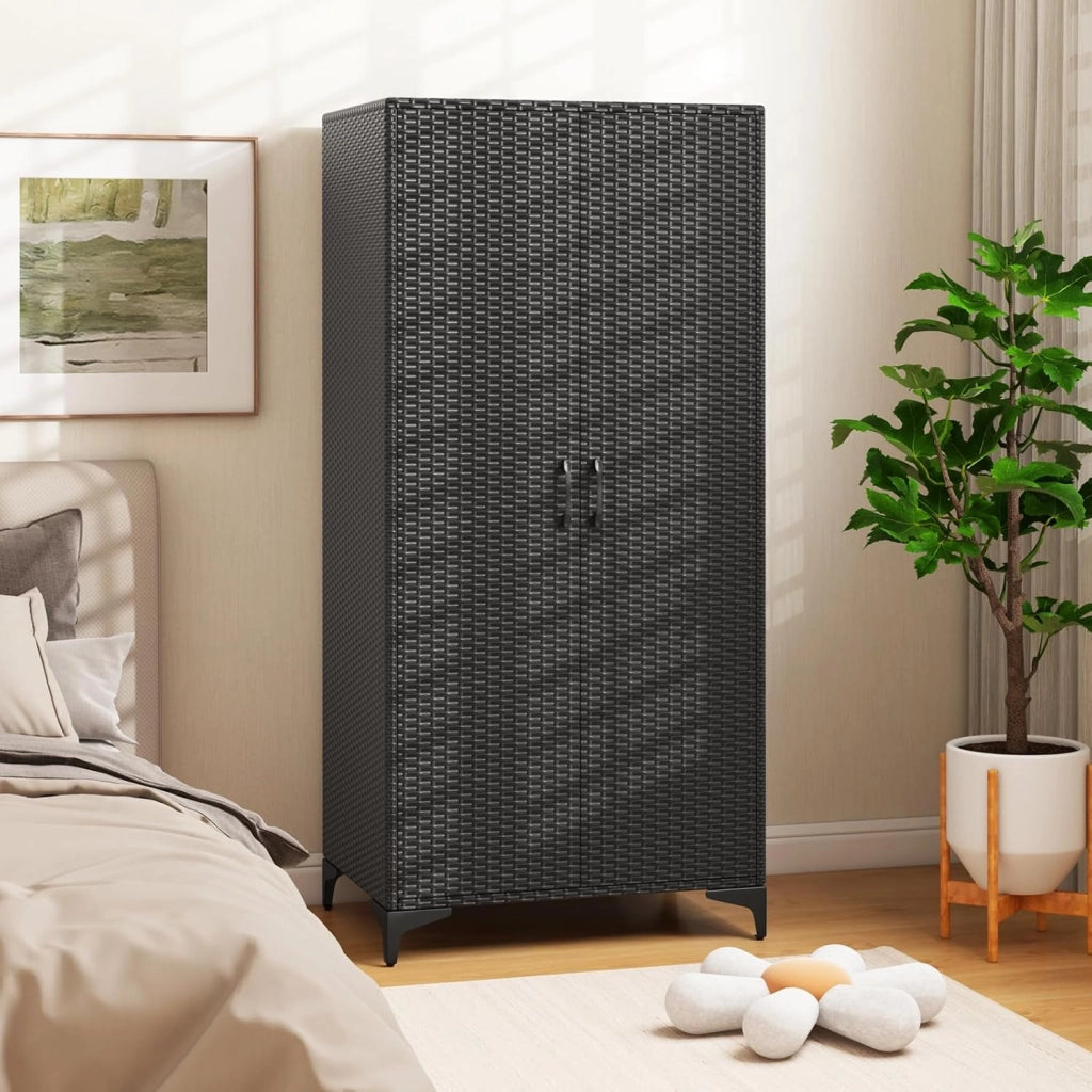 Armadietto da giardino in rattan, con 5 ripiani e mensole sospese, armadietto da terrazza con doppie porte, armadietto in rattan, 72 x 50 x 157 cm (nero)