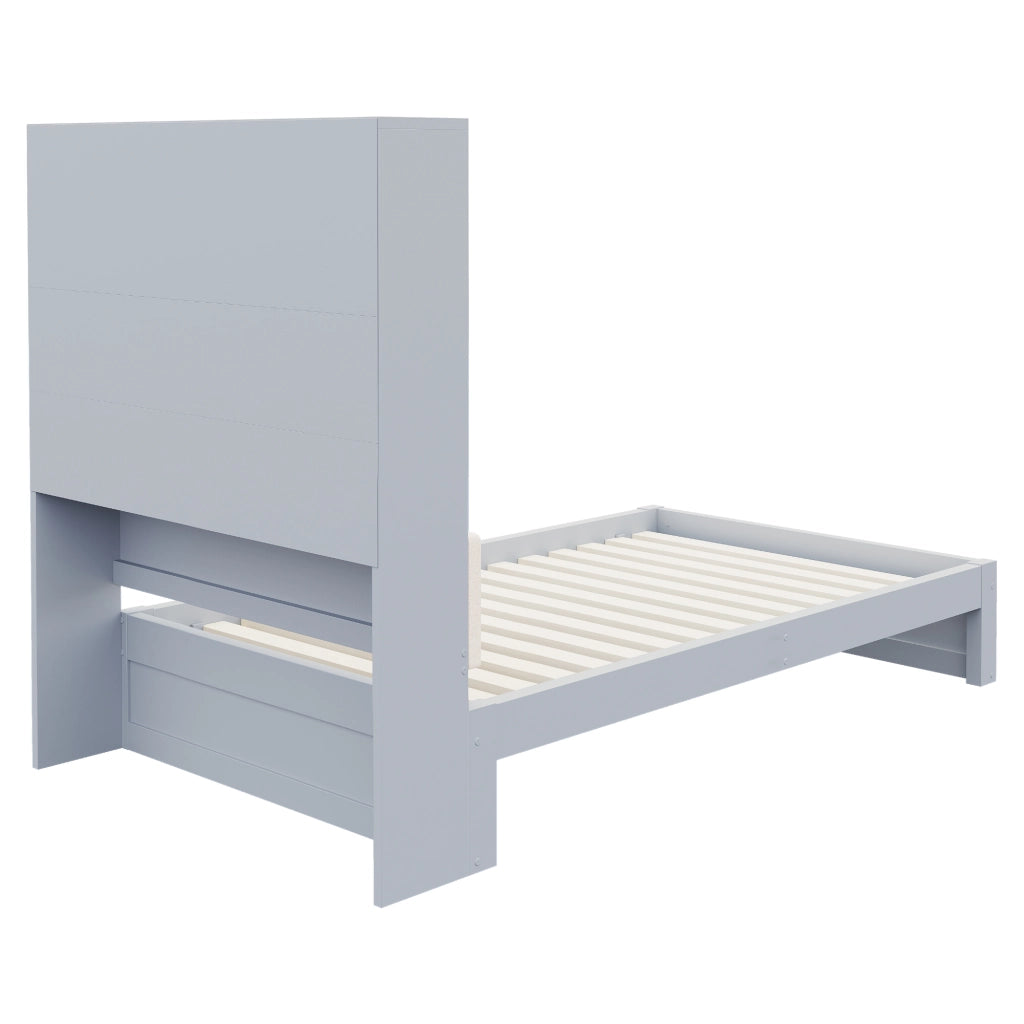 Letto in legno 90 x 200 cm, testiera imbottita, con vano portaoggetti, illuminazione a LED, presa di corrente, 2 cassetti, grigio