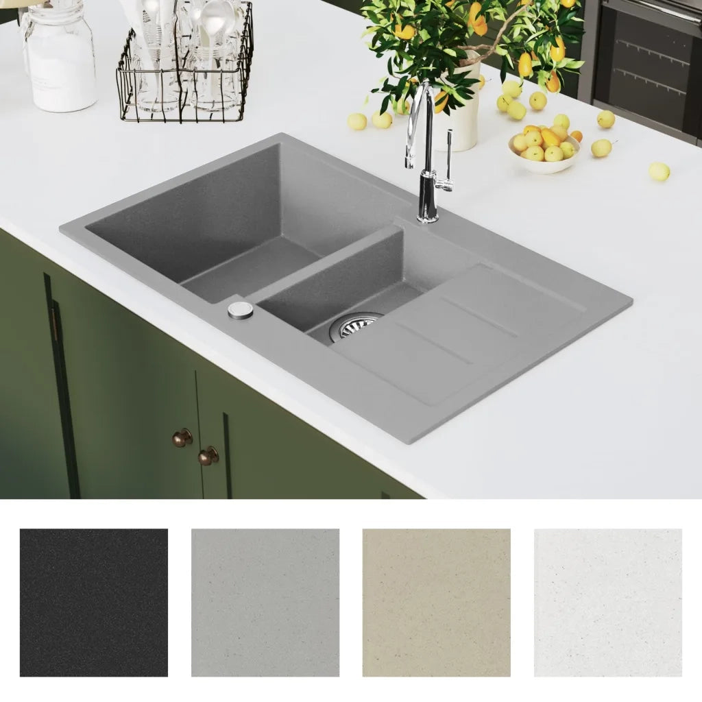 Lavello da Cucina in Granito Vasca Doppia-Lavandino-Lavabo Grigio