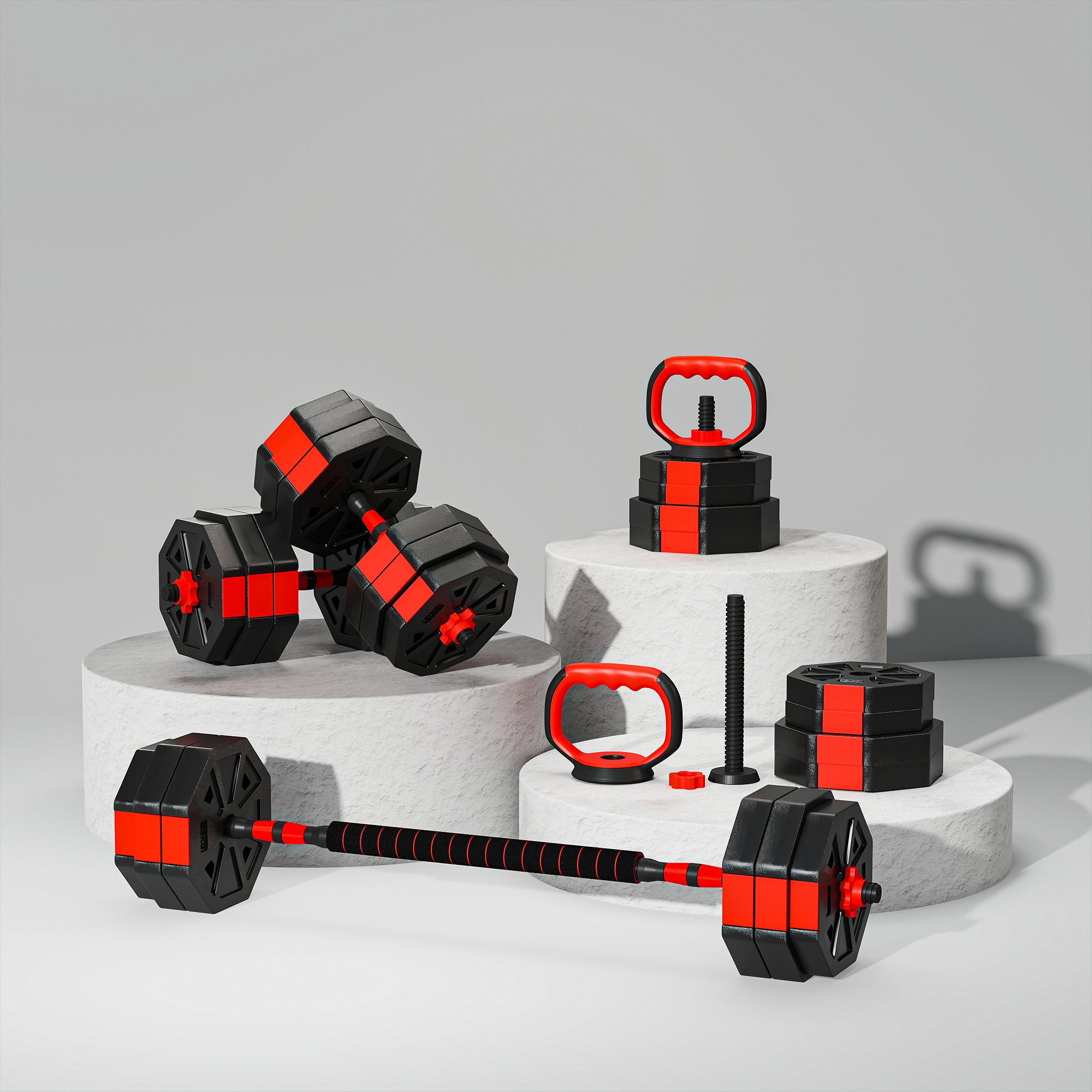 Set Pesi Palestra 4 in 1 30kg Manubri Bilanciere Kettlebell Rosso
