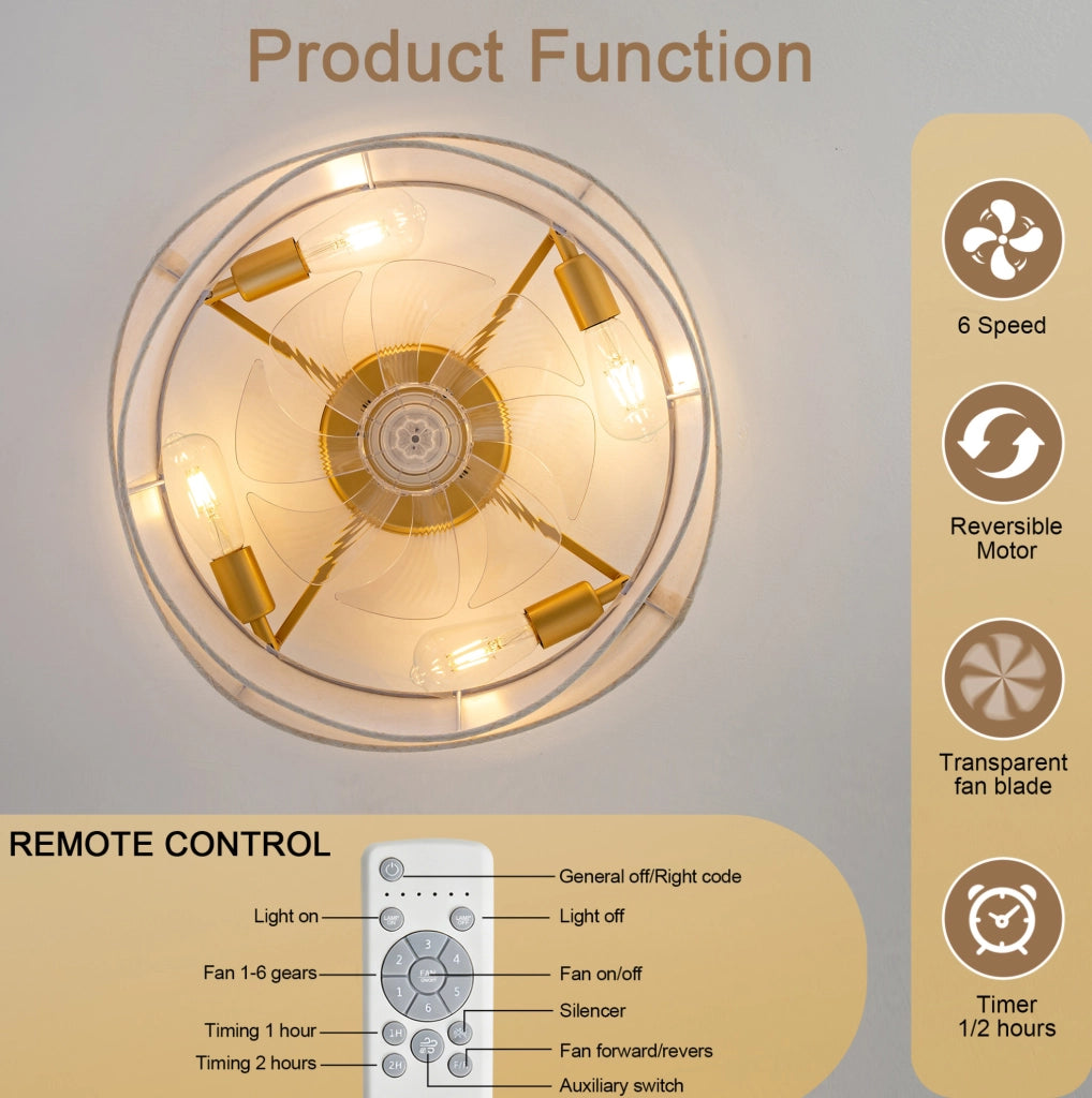Ventilatore da soffitto ULEVR con luce, 6 velocit¨¤, app Bluetooth e telecomando, oro e bianco