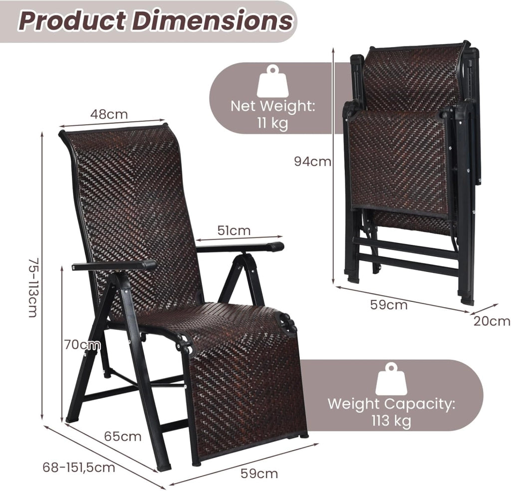 Sdraio da Giardino, Sdraio Pieghevole In Rattan PE Con Schienale E Molle Regolabili, Struttura In Metallo Resistente, Ideale Per Patio, Piscina E Balcone, Marrone