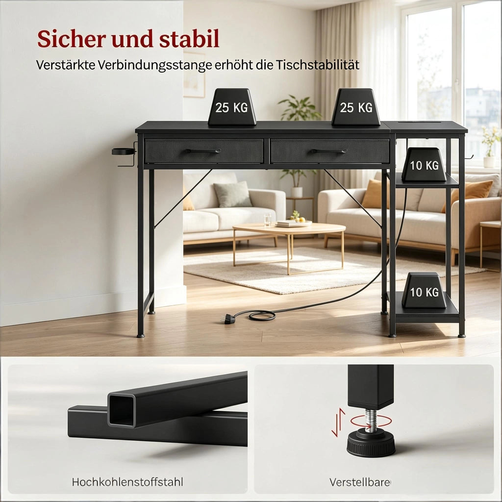 Scrivania con 2 cassetti in tessuto, ripiano laterale, prese usb e tipo c, per studio e soggiorno, nera 120 × 51 × 75 cm