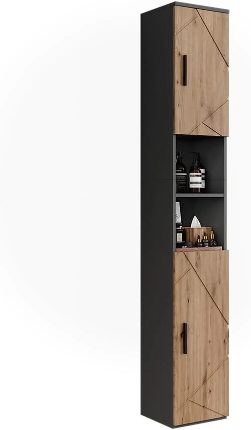 Mobile alto Irma, Antracite/Artisan, 30 x 190 cm con 2 porte, adatto per la conservazione di articoli da bagno e asciugamani