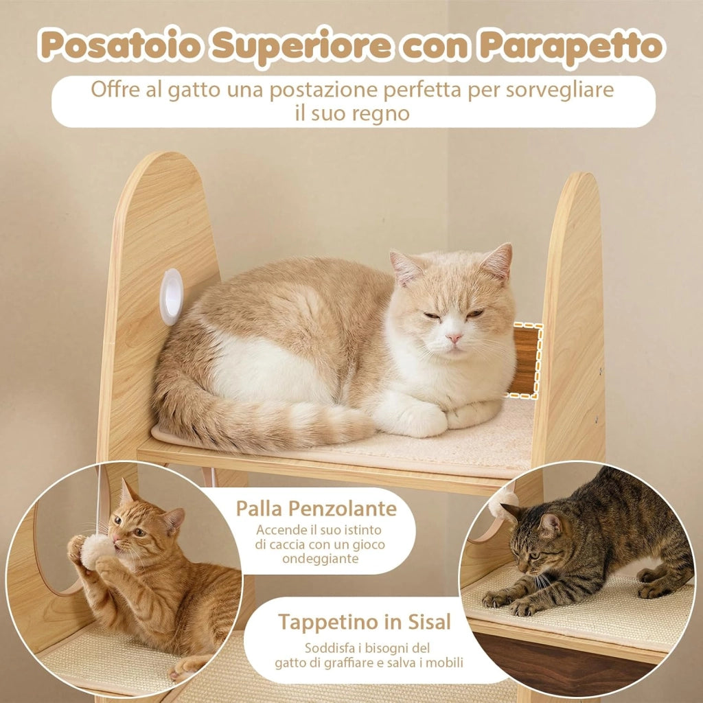 Albero per Gatti a Forma di Razzo, Tiragraffi per Gatti da Interno in Legno Alto 120 cm con Condo a 2 Piani, Perno Superiore e Pedana Graffiatrice in Sisal, Mobile per Gattini