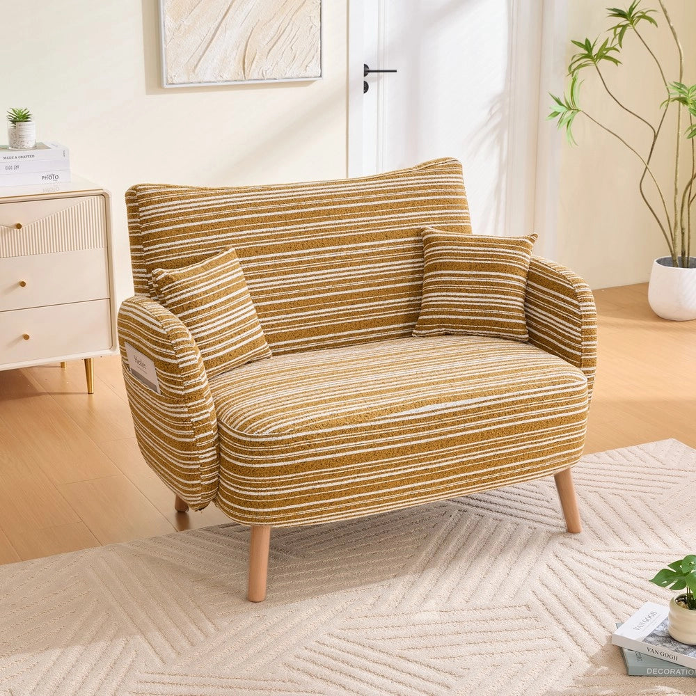 Divano 2 posti ¨C Minimal ¨C Tessuto imbottito grigio chiaro, con braccioli e cuscini, 140x80x90 cm