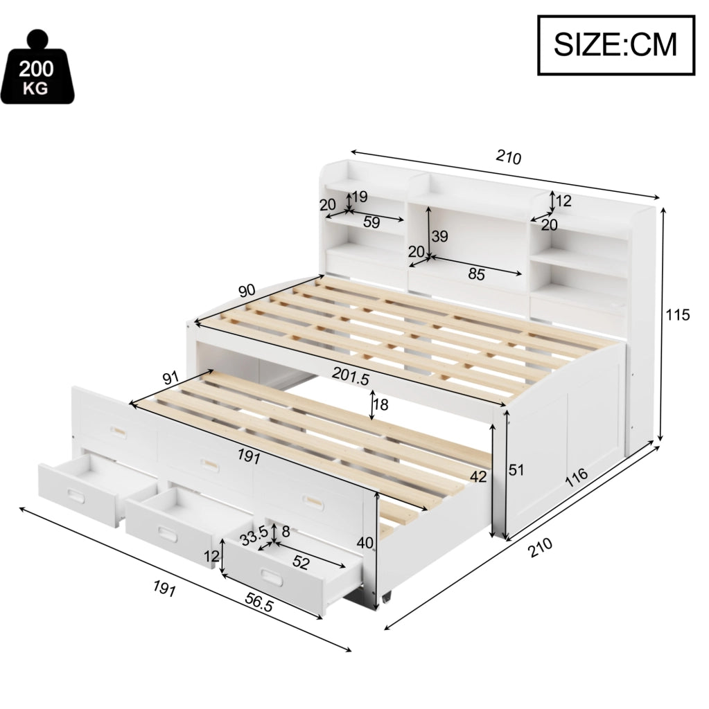 Letto da giorno estraibile ULEVR 90x200 cm con LED, 3 cassetti, USB e Type-C, bianco