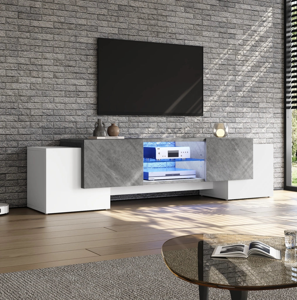 Mobile TV moderno bianco e grigio con LED e vetri temperati