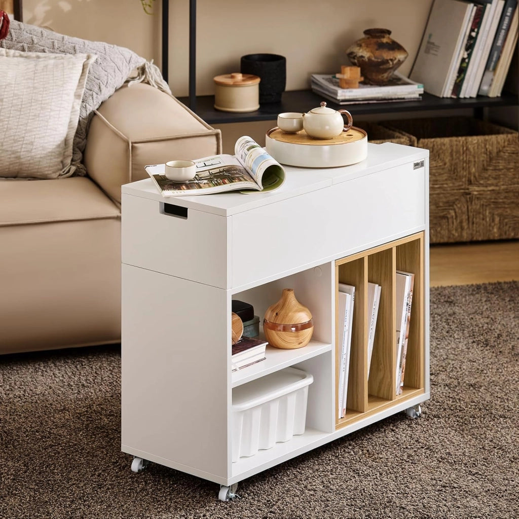 Carrello Ufficio con Ruote – Cassettiera Mobile e Supporto Stampante, Mobile da Ufficio con Piano Ribaltabile, Cassetto e Libreria Rimovibile, Bianco, L30 x P61 x H70 cm, FBT134-W