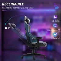 Sedia da Gaming Reclinabile a 150° con Funzione Dondolo, in Tessuto Effetto Lino, 66x53x128-138 cm, Grigio