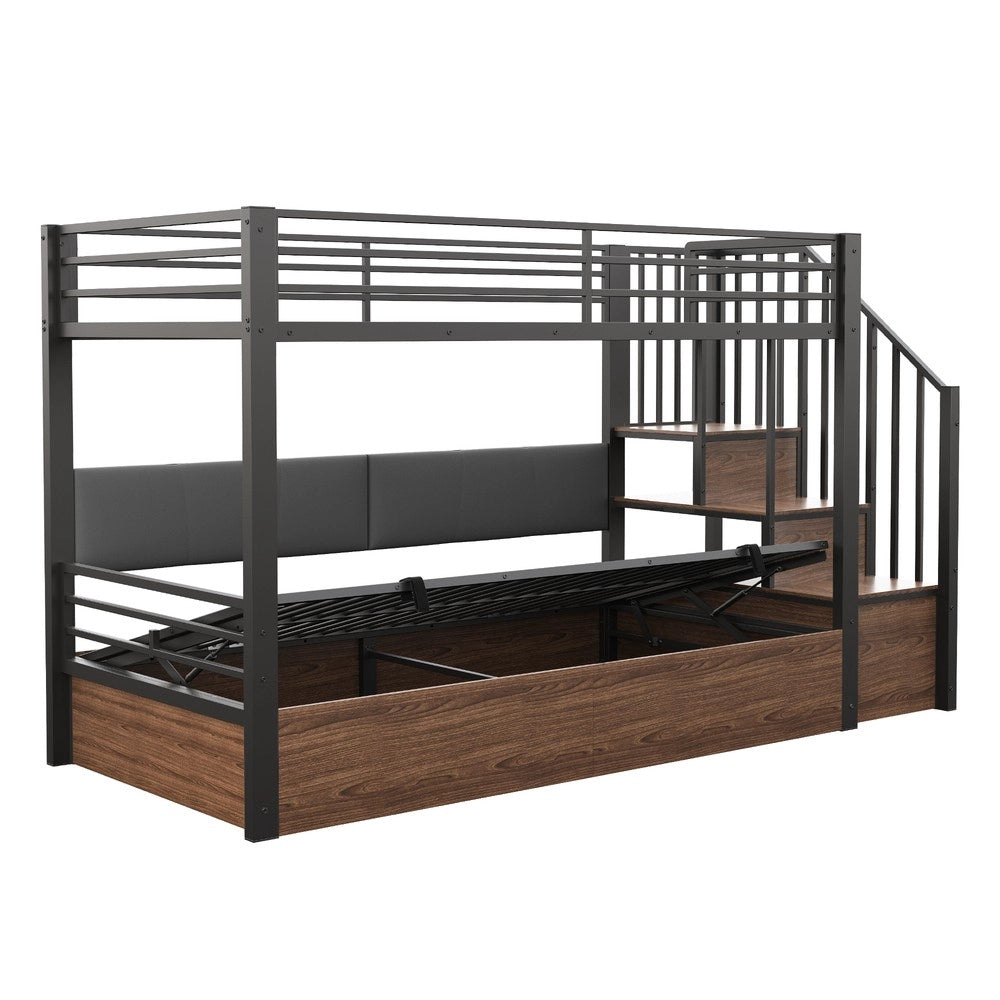 Letto a castello in ferro - Zephmum - 90x200 cm - Nero - Schienale imbottito, funzione idraulica, scala di sicurezza