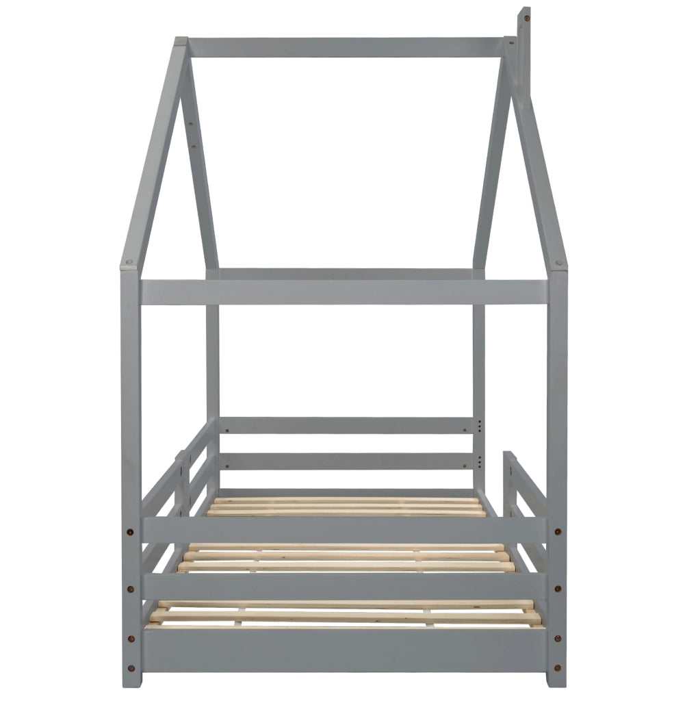 Lettino a casetta per bambini 90x200 cm in legno massello di pino; grigio