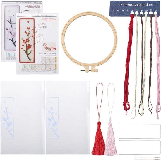 Kit di segnalibro per cucito a maglia: tema prugne in rosso e rosa, organza trasparente, istruzioni per principianti, DIY - Ideale per gli appassionati di libri.