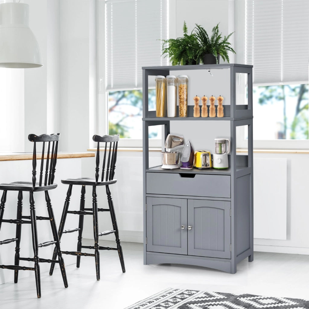 Armadietto in legno da cucina con cassetto e mensola, Armadio con 2 ante multiuso per cucina e soggiono Grigio-Credenze buffet