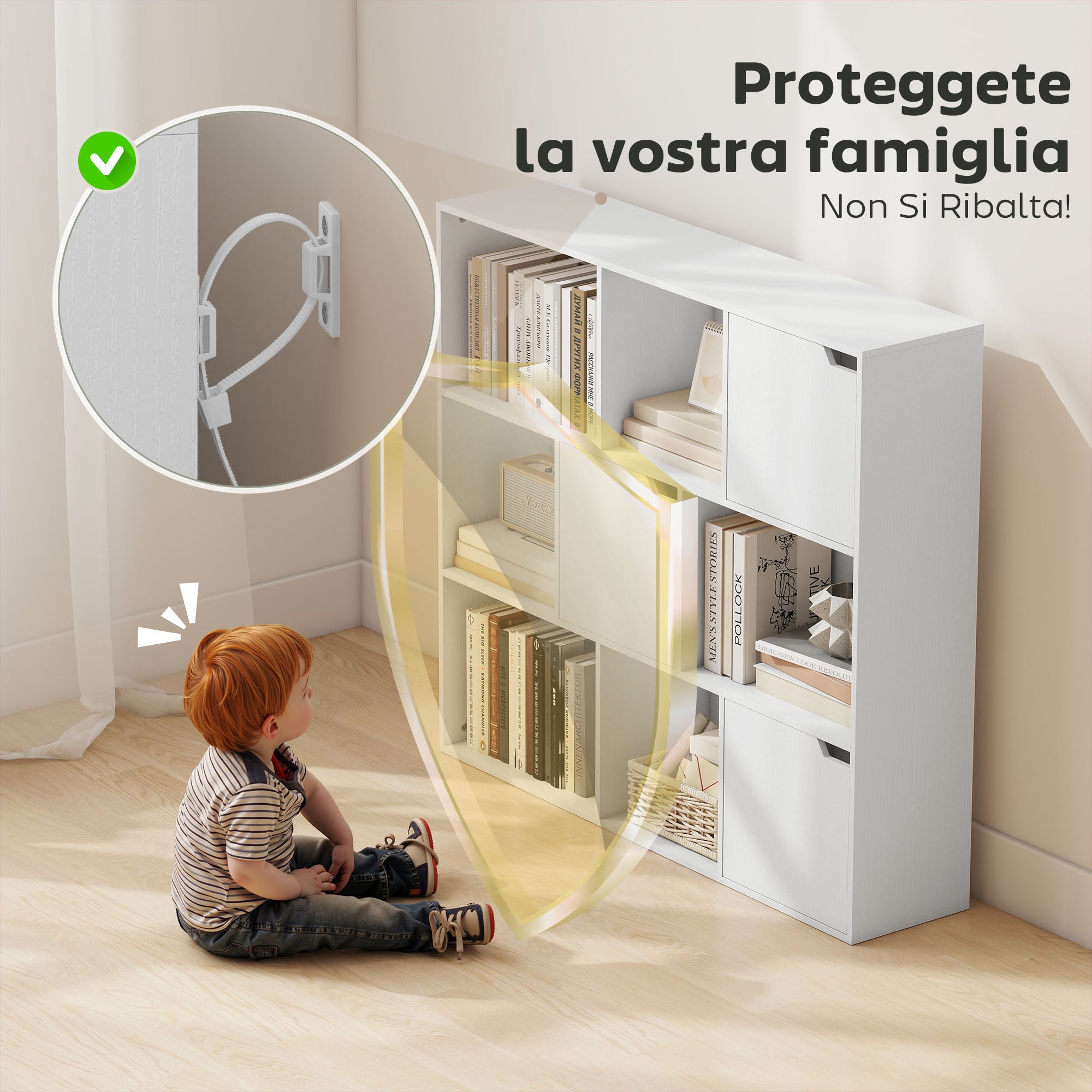 Libreria a Cubi con 6 Sezioni Aperte e 3 Chiuse 106x24x95 cm in Legno Bianco