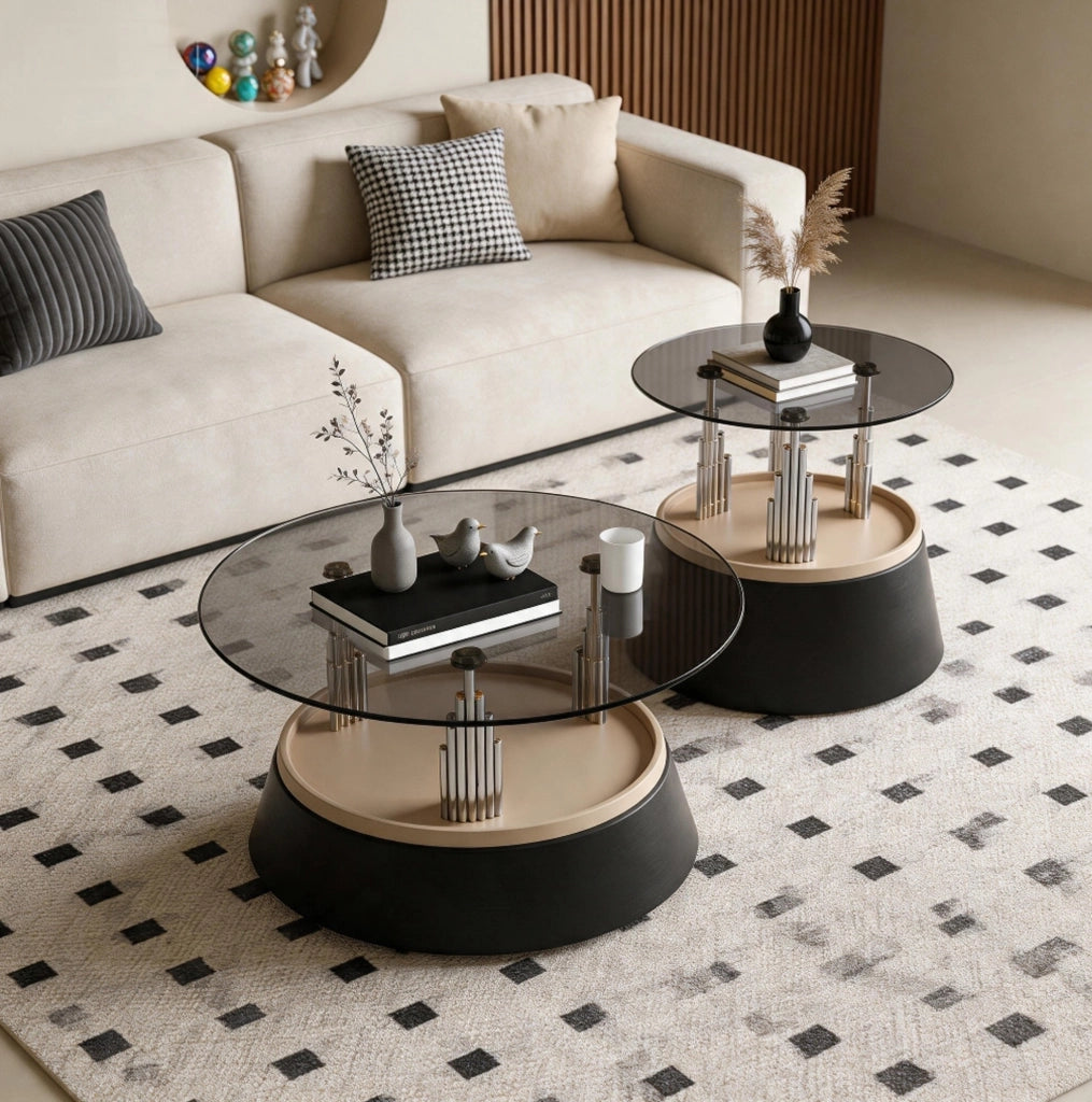 Set di 2 tavolini neri in vetro temperato e metallo; design nesting