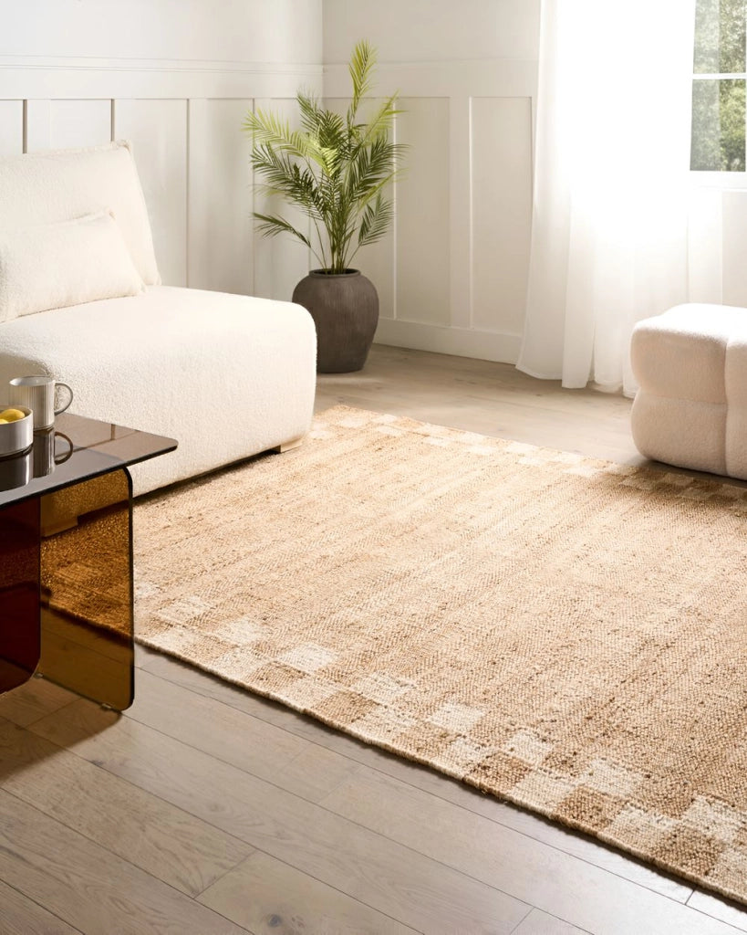 Tappeto beige chiaro in cotone e iuta 160 x 230 cm Rettangolare Tessuto Stile rustico Soggiorno Camera da letto Bordo a scacchi
