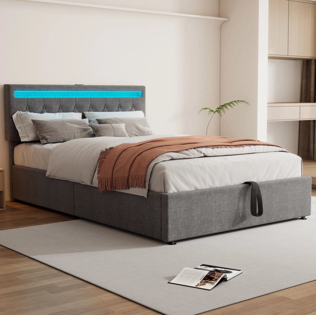 Letto imbottito 140x200 cm con contenitore; LED APP; USB e Type-C; lino e MDF; grigio