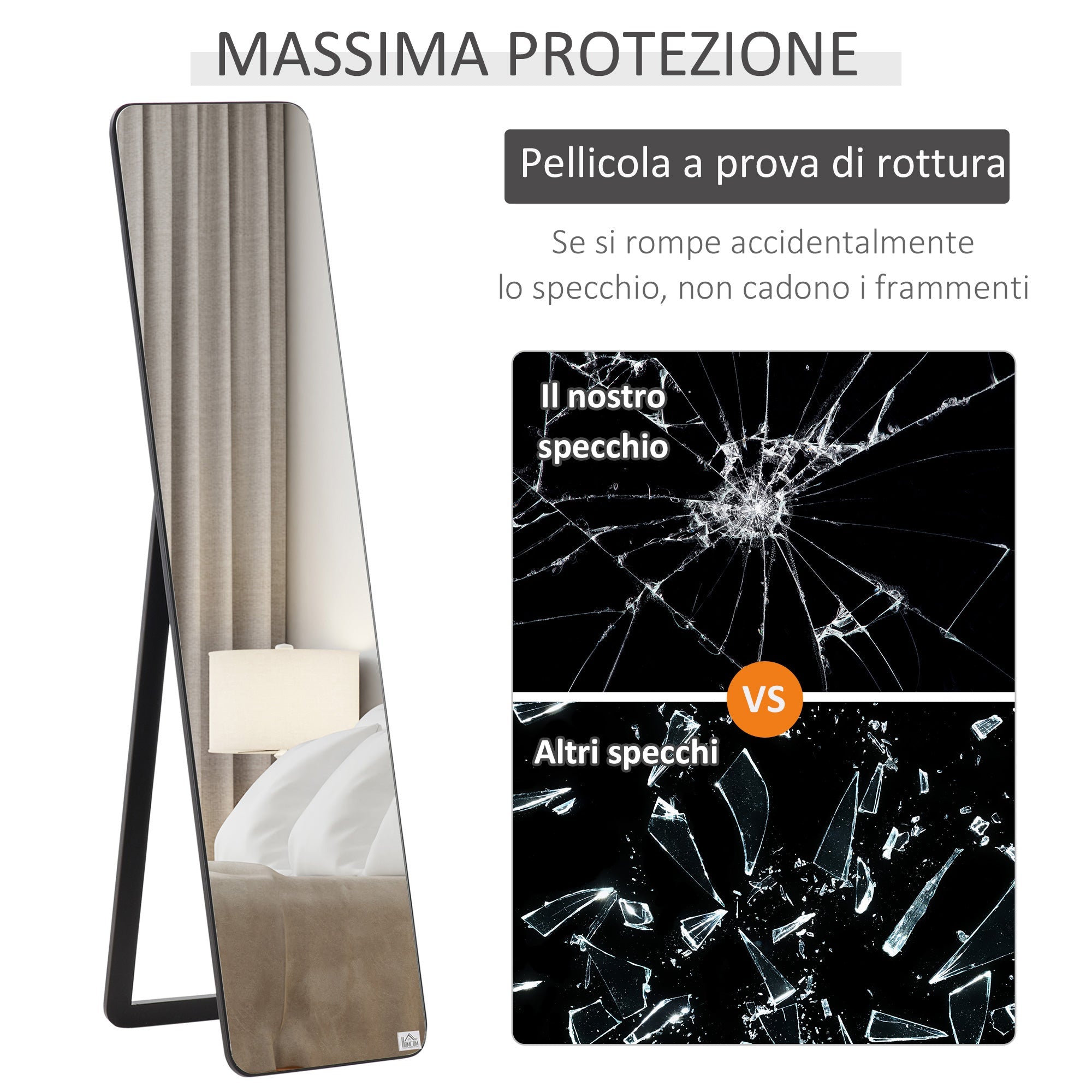 Specchio da Terra e da Parete 37x43x156 cm con Struttura in Legno e Supporto Pieghevole Nero