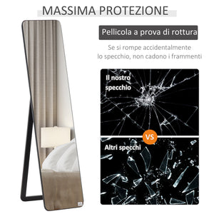 Specchio da Terra e da Parete 37x43x156 cm con Struttura in Legno e Supporto Pieghevole Nero