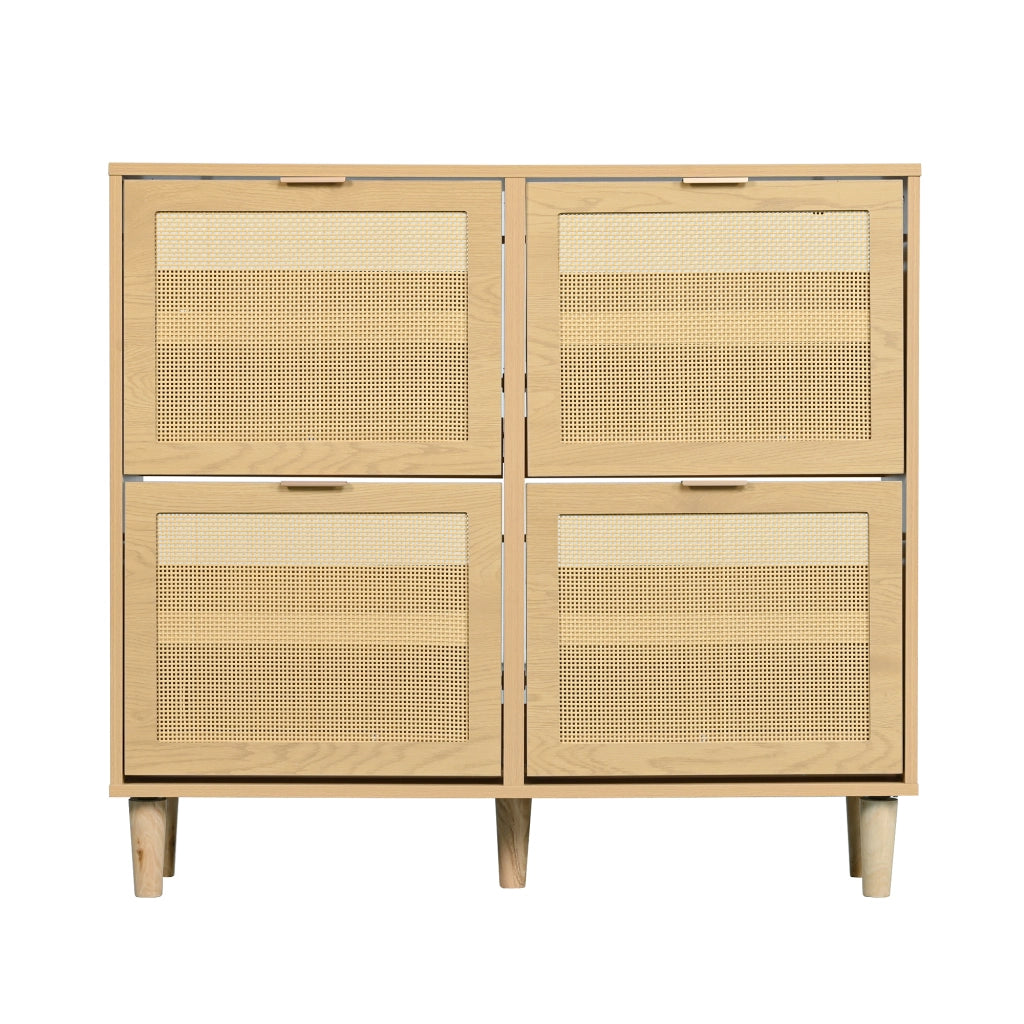 OKWISH Scarpiera con 4 Ante a Ribalta, Ripiani Regolabili, Dettagli in Rattan e Gambe in Legno, per Ingresso, 100×25×90 cm