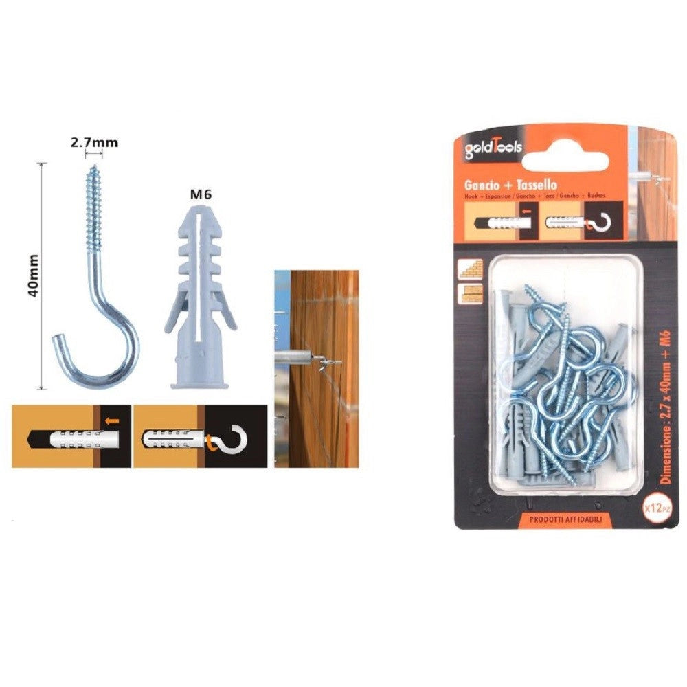Trade Shop - Set 12 Pezzi Viti Vite A Gancio 2.7x40mm + Tasselli Con Alette Tassello M6 90736 -